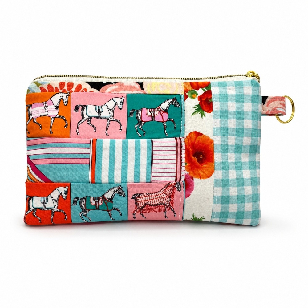 Handmade Patchwork Zipper Pouch Horse Print Clutch Wallet Orange Aqua Gingham